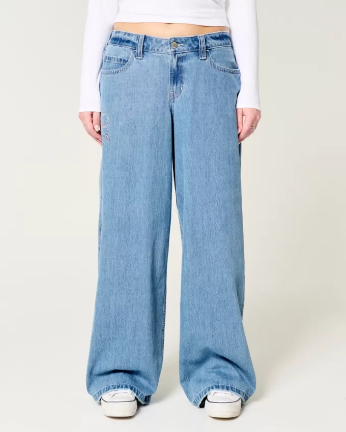 Low-Rise Floral Embroidered Medium Wash Super Baggy Jeans,Low-Rise Floral Embroidered Medium Wash Super Baggy Jeans