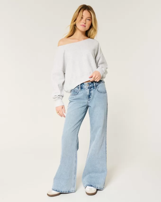 Low-Rise Light Wash Baggy Flare Jeans,Low-Rise Light Wash Baggy Flare Jeans