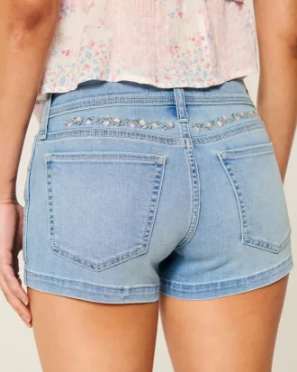 Low-Rise Light Wash Floral Embroidered Denim Shortie Shorts,Low-Rise Light Wash Floral Embroidered Denim Shortie Shorts