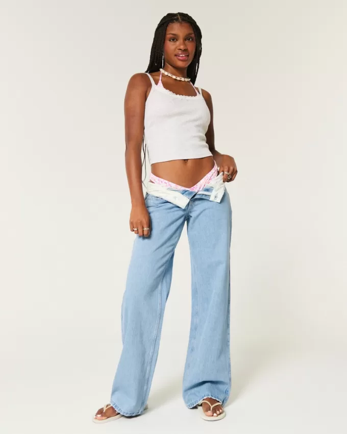 Low-Rise Light Wash Foldover Waist Baggy Jeans,Low-Rise Light Wash Foldover Waist Baggy Jeans