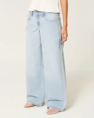 Low-Rise Light Wash Lace Stripe Super Baggy Jeans,Low-Rise Light Wash Lace Stripe Super Baggy Jeans