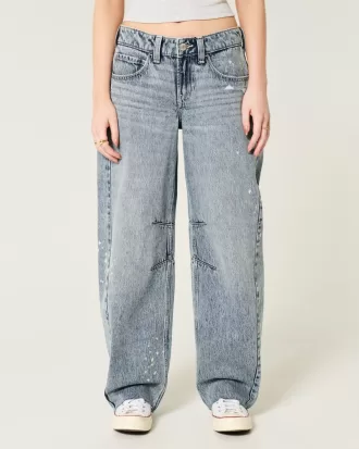Low-Rise Light Wash Paint Splatter Barrel Jeans,Low-Rise Light Wash Paint Splatter Barrel Jeans
