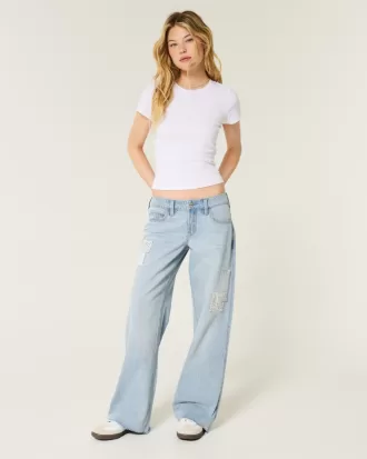 Low-Rise Light Wash Patchwork Baggy Jeans,Low-Rise Light Wash Patchwork Baggy Jeans