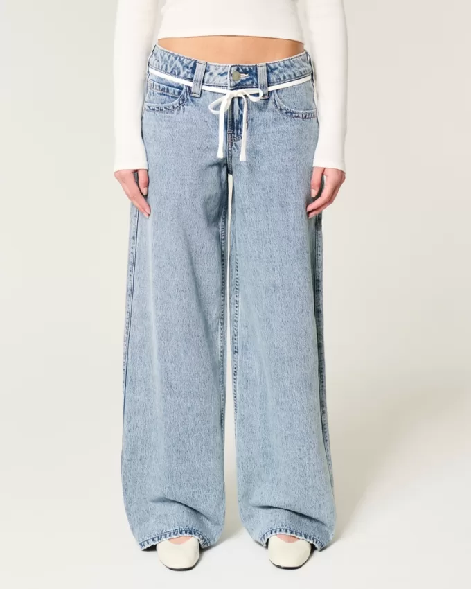 Low-Rise Light Wash Shoelace Super Baggy Jeans,Low-Rise Light Wash Shoelace Super Baggy Jeans