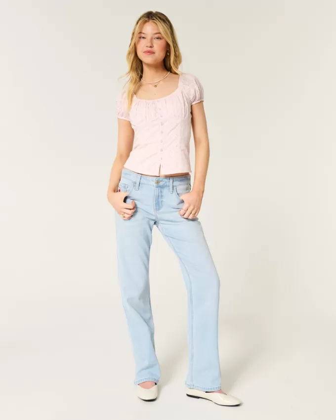 Low-Rise Light Wash Strawberry Graphic Relaxed Straight Jeans,Low-Rise Light Wash Strawberry Graphic Relaxed Straight Jeans