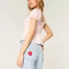 Low-Rise Light Wash Strawberry Graphic Relaxed Straight Jeans,Low-Rise Light Wash Strawberry Graphic Relaxed Straight Jeans