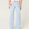Low-Rise Light Wash Strawberry Graphic Relaxed Straight Jeans,Low-Rise Light Wash Strawberry Graphic Relaxed Straight Jeans