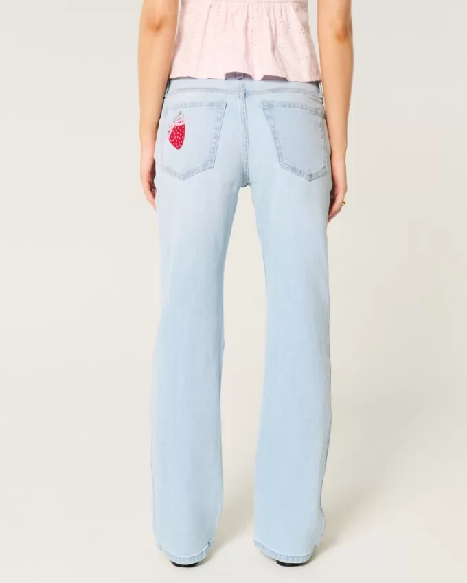 Low-Rise Light Wash Strawberry Graphic Relaxed Straight Jeans,Low-Rise Light Wash Strawberry Graphic Relaxed Straight Jeans