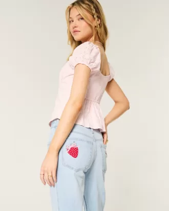 Low-Rise Light Wash Strawberry Graphic Relaxed Straight Jeans,Low-Rise Light Wash Strawberry Graphic Relaxed Straight Jeans