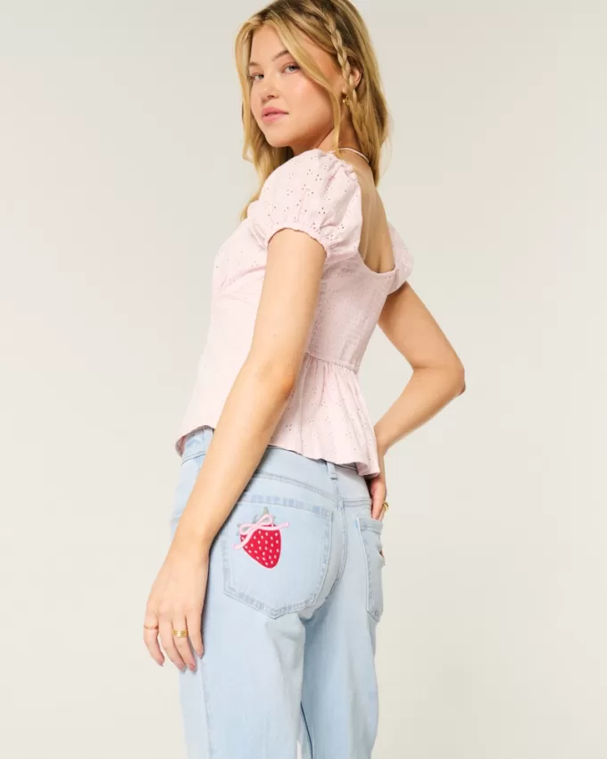 Low-Rise Light Wash Strawberry Graphic Relaxed Straight Jeans,Low-Rise Light Wash Strawberry Graphic Relaxed Straight Jeans