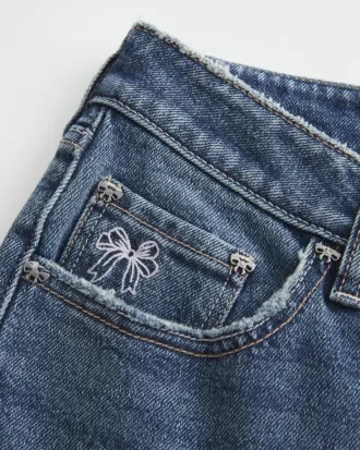 Low-Rise Medium Wash Embroidered Bow Straight Jeans,Low-Rise Medium Wash Embroidered Bow Straight Jeans