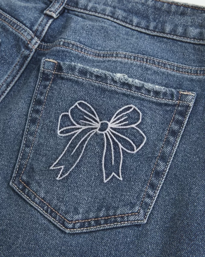 Low-Rise Medium Wash Embroidered Bow Straight Jeans,Low-Rise Medium Wash Embroidered Bow Straight Jeans