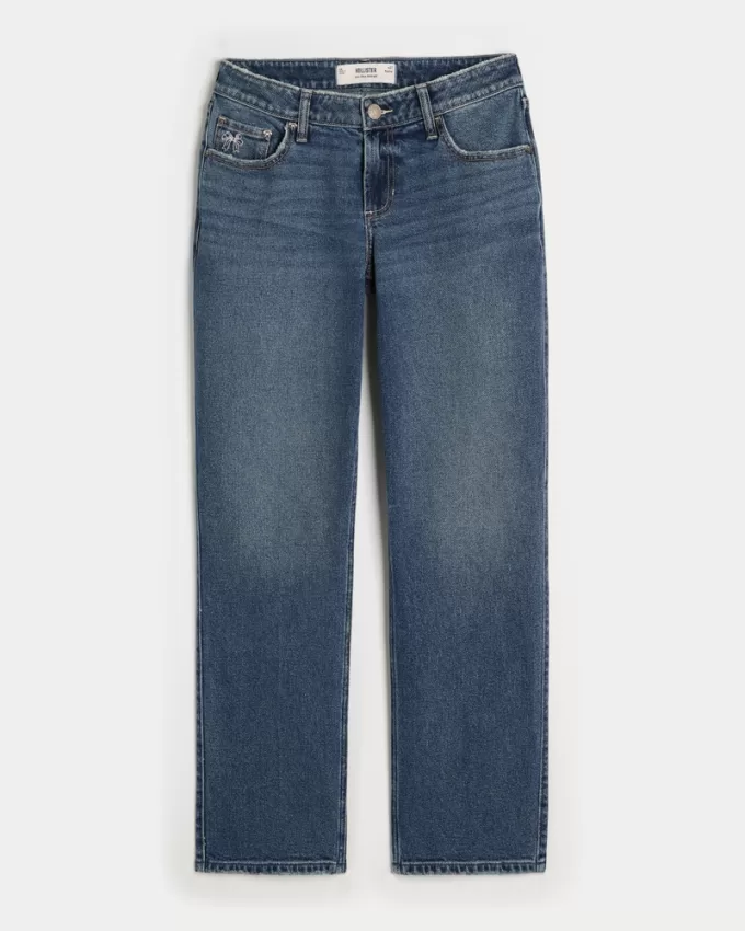 Low-Rise Medium Wash Embroidered Bow Straight Jeans,Low-Rise Medium Wash Embroidered Bow Straight Jeans