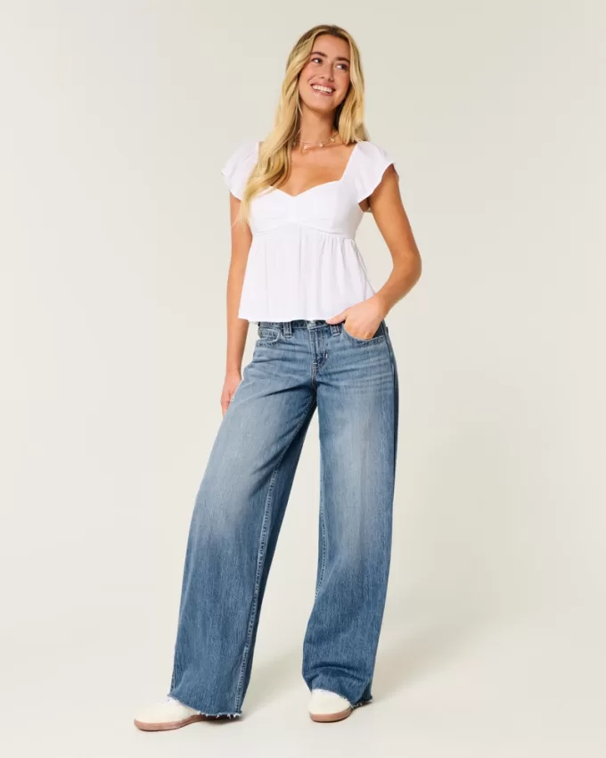 Low-Rise Medium Wash Floral Embroidery Super Baggy Jeans,Low-Rise Medium Wash Floral Embroidery Super Baggy Jeans