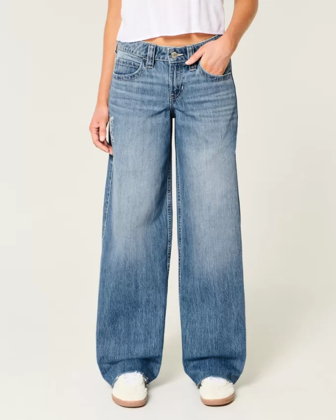 Low-Rise Medium Wash Floral Embroidery Super Baggy Jeans,Low-Rise Medium Wash Floral Embroidery Super Baggy Jeans