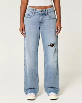 Low-Rise Medium Wash Floral Ripped Baggy Jeans,Low-Rise Medium Wash Floral Ripped Baggy Jeans