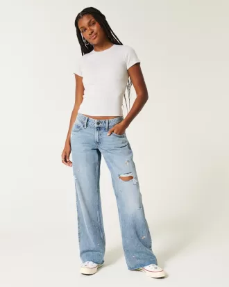 Low-Rise Medium Wash Floral Ripped Baggy Jeans,Low-Rise Medium Wash Floral Ripped Baggy Jeans