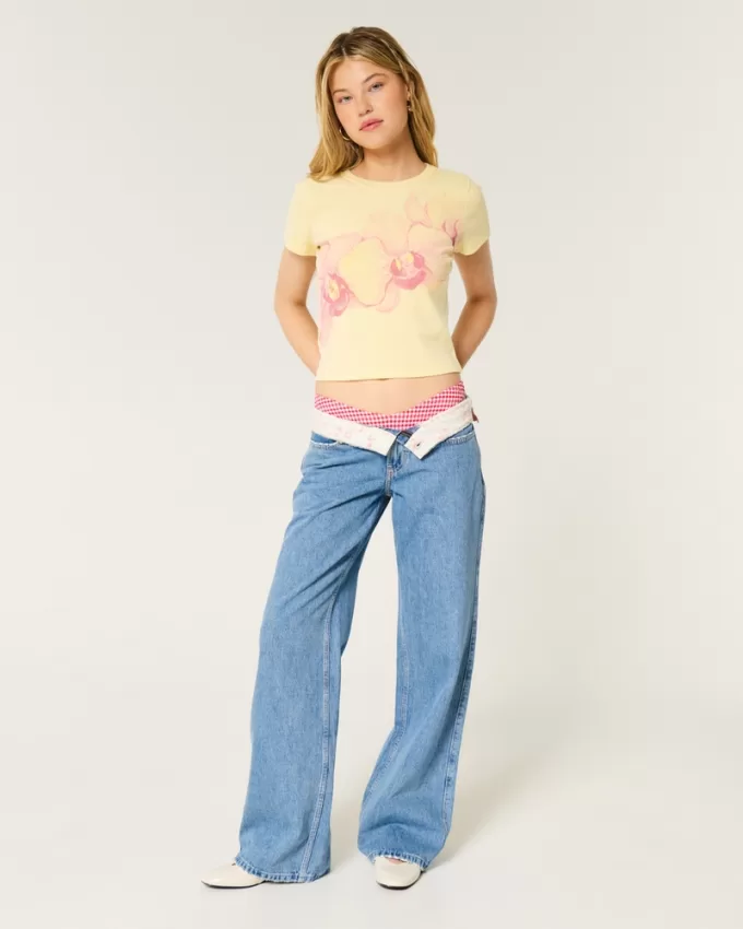 Low-Rise Medium Wash Foldover Waist Baggy Jean,Low-Rise Medium Wash Foldover Waist Baggy Jean