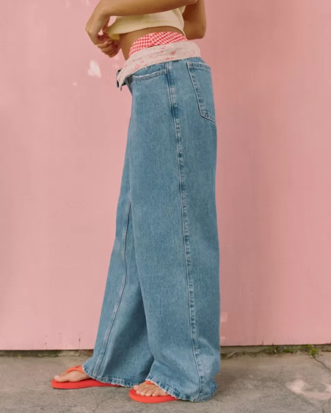 Low-Rise Medium Wash Foldover Waist Baggy Jean,Low-Rise Medium Wash Foldover Waist Baggy Jean