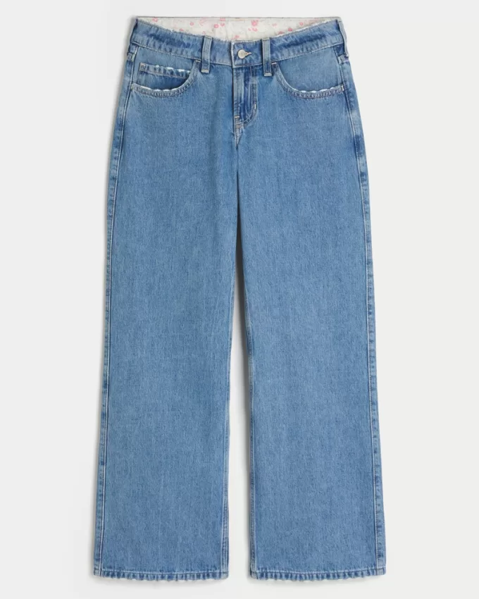 Low-Rise Medium Wash Foldover Waist Baggy Jean,Low-Rise Medium Wash Foldover Waist Baggy Jean