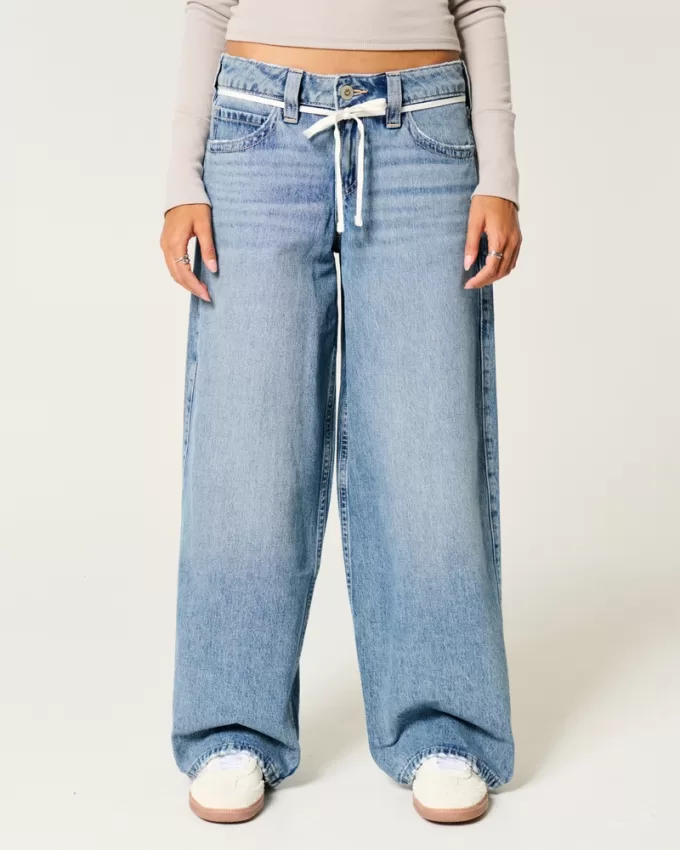 Low-Rise Medium Wash Shoelace Super Baggy Jeans,Low-Rise Medium Wash Shoelace Super Baggy Jeans