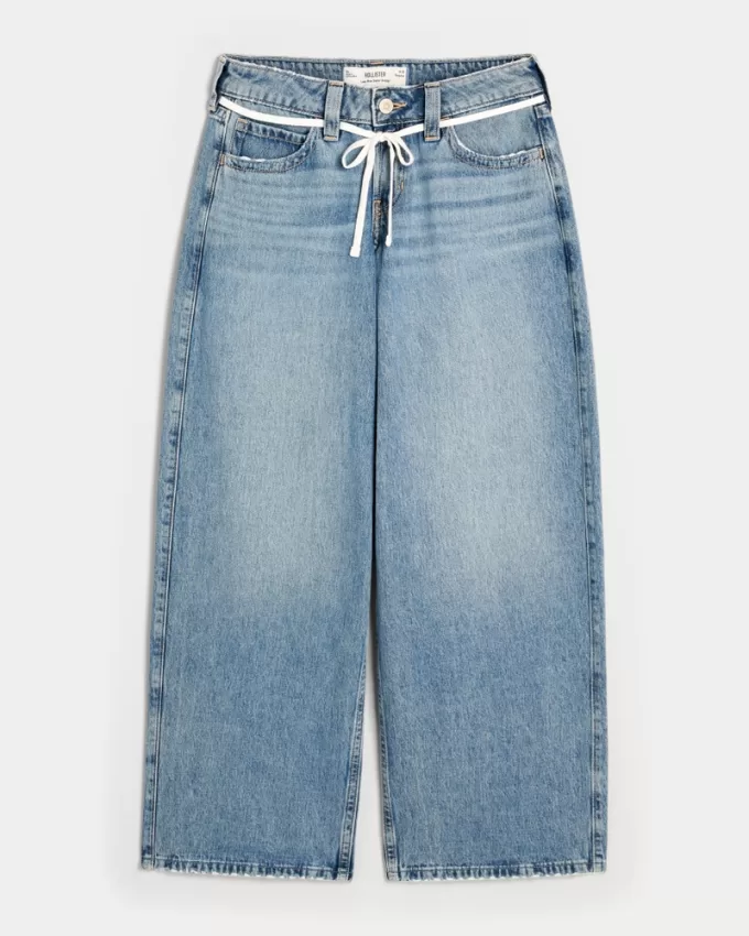 Low-Rise Medium Wash Shoelace Super Baggy Jeans,Low-Rise Medium Wash Shoelace Super Baggy Jeans