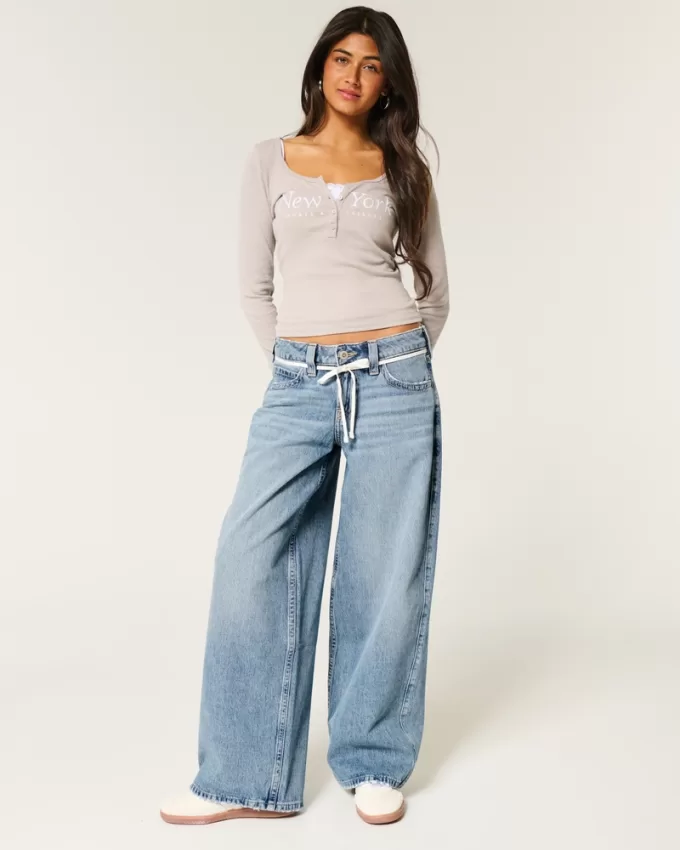 Low-Rise Medium Wash Shoelace Super Baggy Jeans,Low-Rise Medium Wash Shoelace Super Baggy Jeans