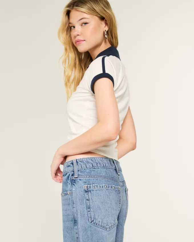 Low-Rise Medium Wash Studded Baggy Jeans,Low-Rise Medium Wash Studded Baggy Jeans