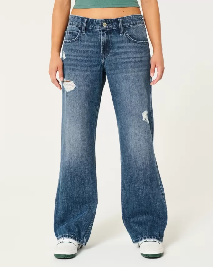 Low-Rise Ripped Dark Wash Baggy Jeans,Low-Rise Ripped Dark Wash Baggy Jeans