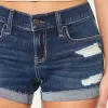 Low-Rise Ripped Dark Wash Denim Shorts,Low-Rise Ripped Dark Wash Denim Shorts