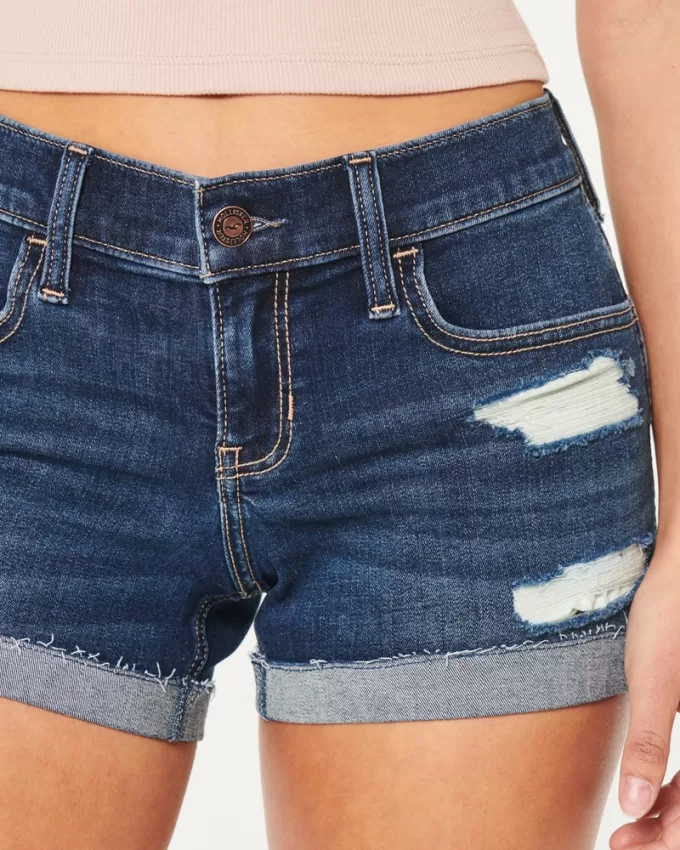 Low-Rise Ripped Dark Wash Denim Shorts,Low-Rise Ripped Dark Wash Denim Shorts