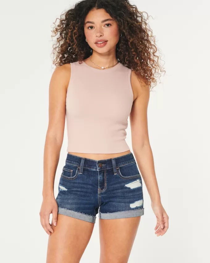 Low-Rise Ripped Dark Wash Denim Shorts,Low-Rise Ripped Dark Wash Denim Shorts