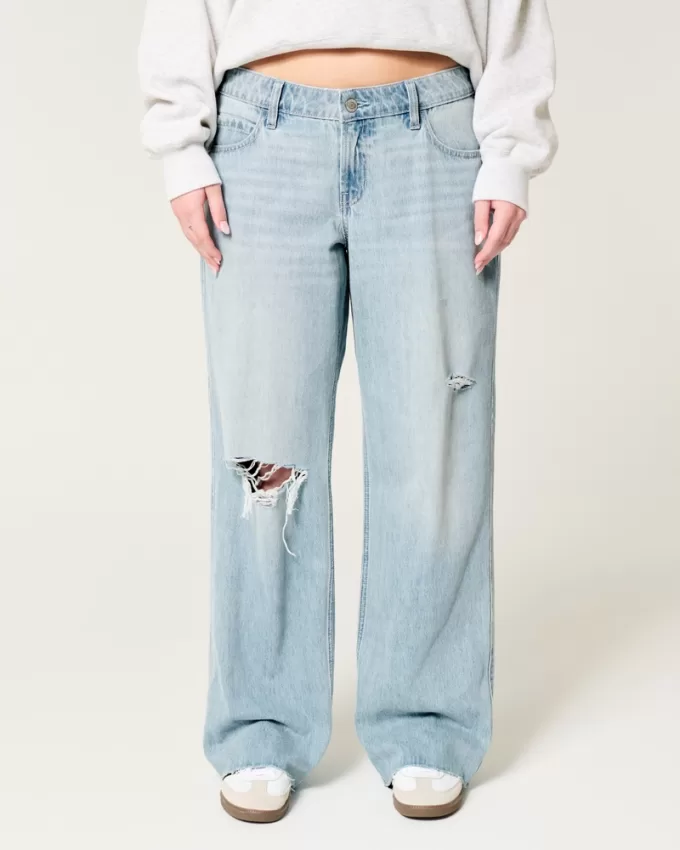 Low-Rise Ripped Light Wash Baggy Jeans,Low-Rise Ripped Light Wash Baggy Jeans