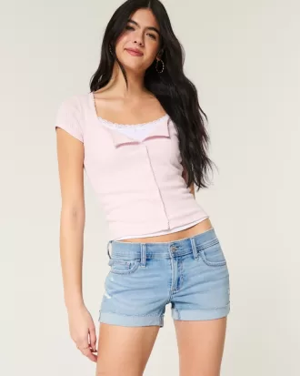 Low-Rise Ripped Light Wash Denim Shortie Shorts,Low-Rise Ripped Light Wash Denim Shortie Shorts