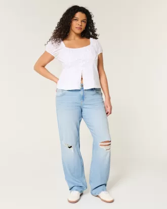Low-Rise Ripped Light Wash Relaxed Straight Jeans,Low-Rise Ripped Light Wash Relaxed Straight Jeans