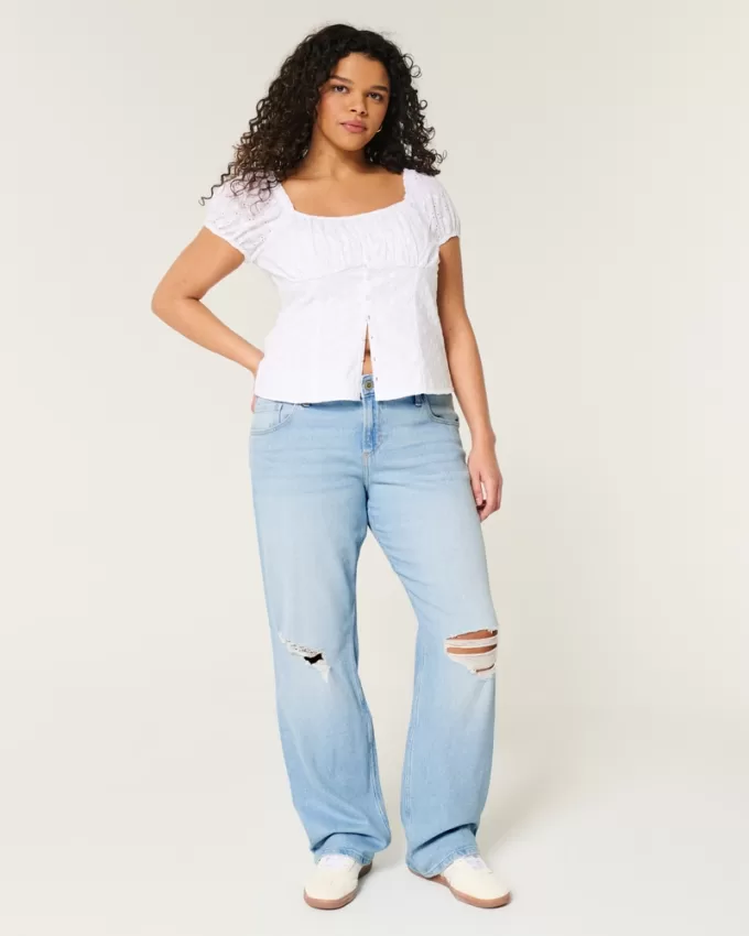 Low-Rise Ripped Light Wash Relaxed Straight Jeans,Low-Rise Ripped Light Wash Relaxed Straight Jeans