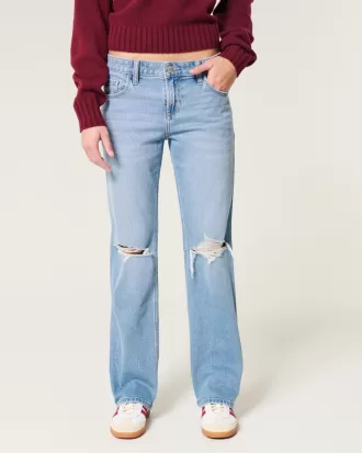 Low-Rise Ripped Medium Wash Relaxed Straight Jeans,Low-Rise Ripped Medium Wash Relaxed Straight Jeans