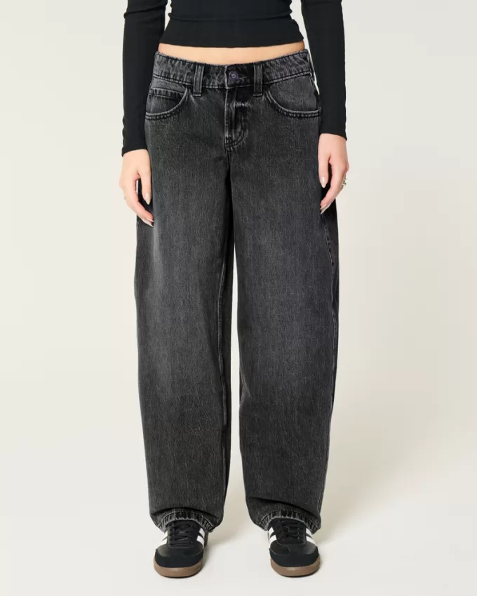 Low-Rise Washed Black Tapered Baggy Jeans,Low-Rise Washed Black Tapered Baggy Jeans