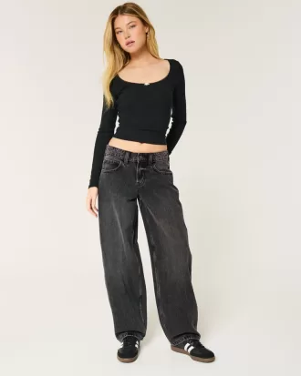 Low-Rise Washed Black Tapered Baggy Jeans,Low-Rise Washed Black Tapered Baggy Jeans