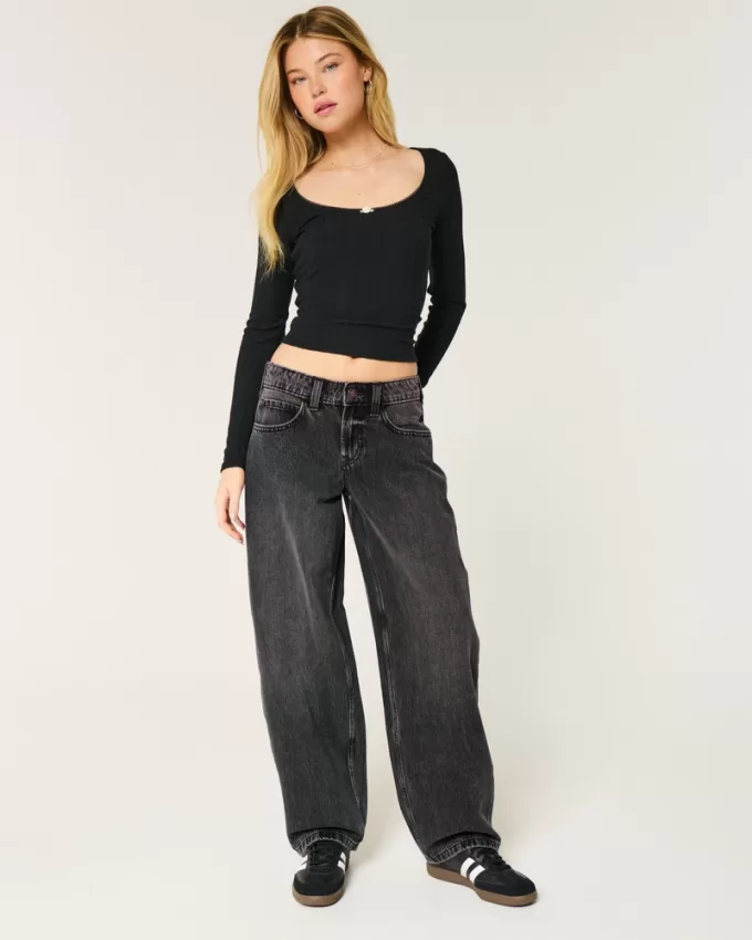 Low-Rise Washed Black Tapered Baggy Jeans,Low-Rise Washed Black Tapered Baggy Jeans