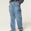 Medium Wash Baggy Cargo Jeans,Medium Wash Baggy Cargo Jeans