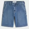 Medium Wash Baggy Painter Jean Shorts,Medium Wash Baggy Painter Jean Shorts