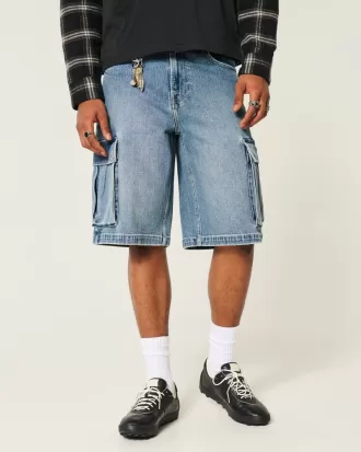 Medium Wash Super Baggy Denim Cargo Shorts,Medium Wash Super Baggy Denim Cargo Shorts