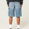 Medium Wash Super Baggy Denim Cargo Shorts,Medium Wash Super Baggy Denim Cargo Shorts