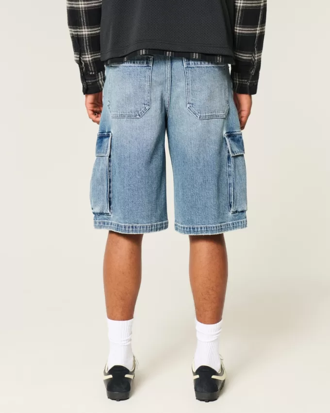 Medium Wash Super Baggy Denim Cargo Shorts,Medium Wash Super Baggy Denim Cargo Shorts