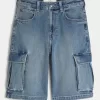 Medium Wash Super Baggy Denim Cargo Shorts,Medium Wash Super Baggy Denim Cargo Shorts