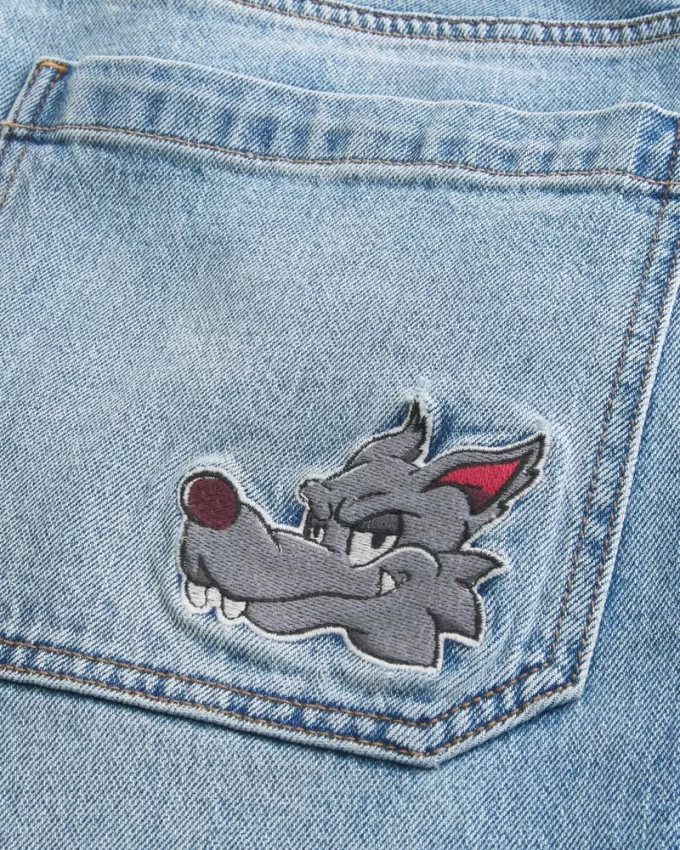 Medium Wash Wolf Graphic Super Baggy Jeans,Medium Wash Wolf Graphic Super Baggy Jeans