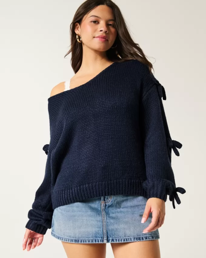 Off-the-Shoulder Bow Applique Sweater,Off-the-Shoulder Bow Applique Sweater Off-the-Shoulder Bow Applique Sweater,Off-the-Shoulder Bow Applique Sweater