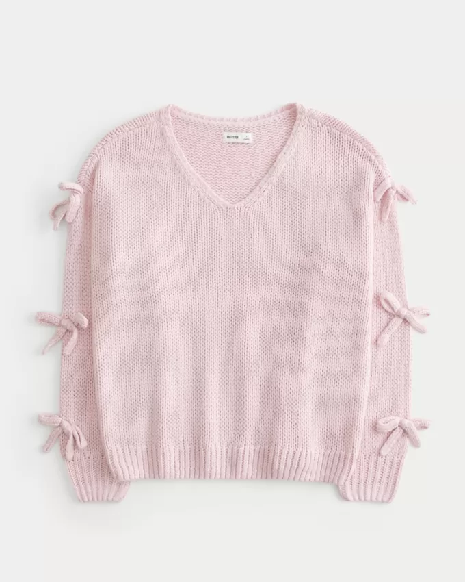 Off-the-Shoulder Bow Applique Sweater,Off-the-Shoulder Bow Applique Sweater