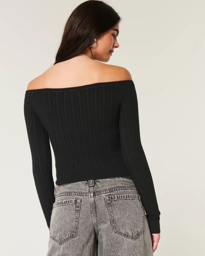 Off-the-Shoulder Cable-Knit Sweater,Off-the-Shoulder Cable-Knit Sweater